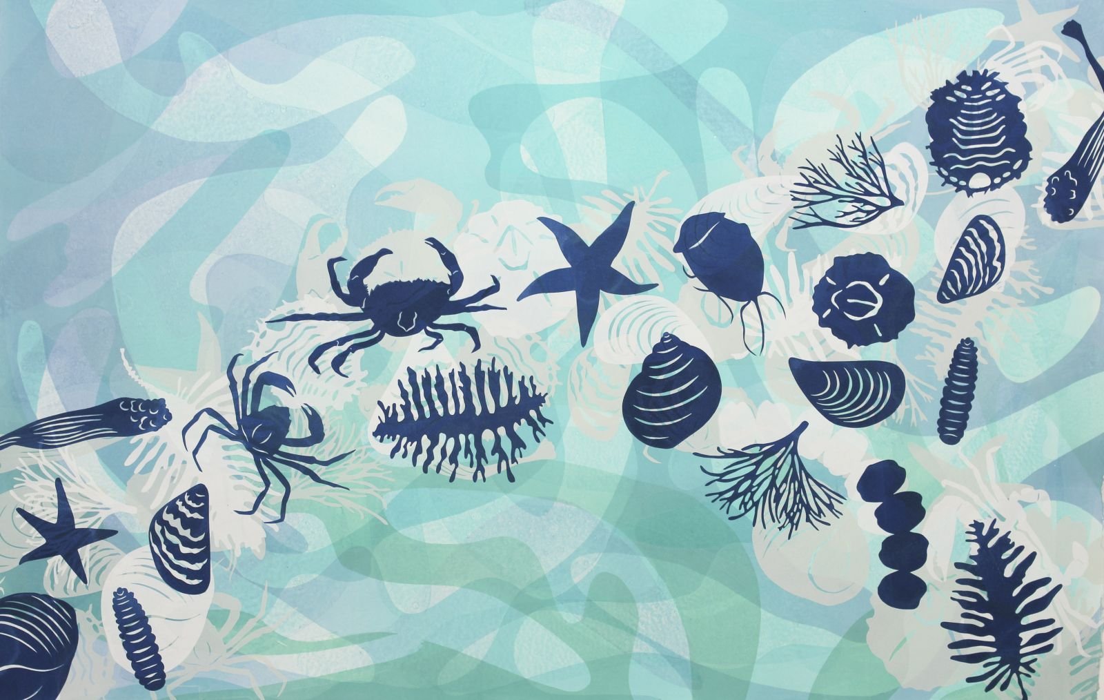 Deep blue and warm gray silhouettes of marine invertebrate plankton appear to be carried in a current against a background of organic papercut shapes in watery pale blues and greens.