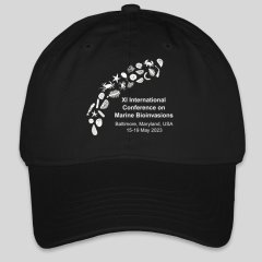 Black baseball cap, front view. Design: Silhouetted marine invertebrate larvae in solid white, arching over the conference name and dates in white text.